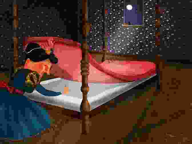 A Charming Illustration Depicting A Princess Testing The Sensitivity Of Her Royal Bed By Placing A Single Pea Beneath Twenty Mattresses. Tale Of Tales Tony Mitton